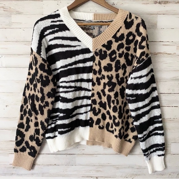 NWT Zebra Leopard Patchwork Sweater Large - Picture 2 of 6